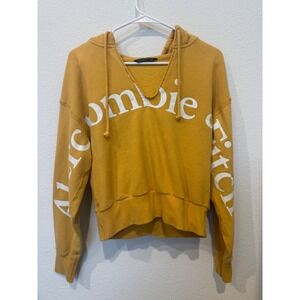 Abercrombie & Fitch Women Mustard Yellow V-Neck Large Logo Hoodie Sweatshirt S